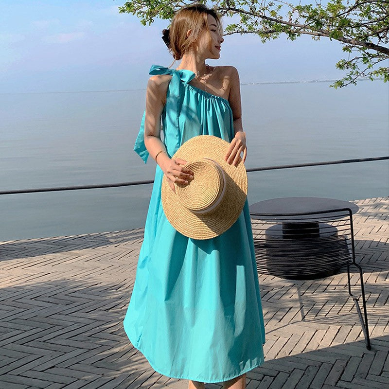 Blue One Shoulder Tie Up Flared Midi Dress