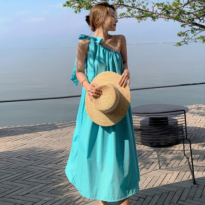 Blue One Shoulder Tie Up Flared Midi Dress