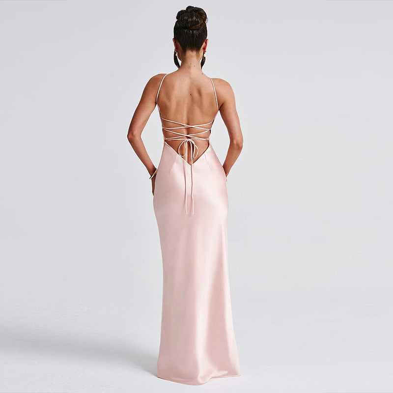 Pink Halter Neck Fit & Flare Evening Wear Dress