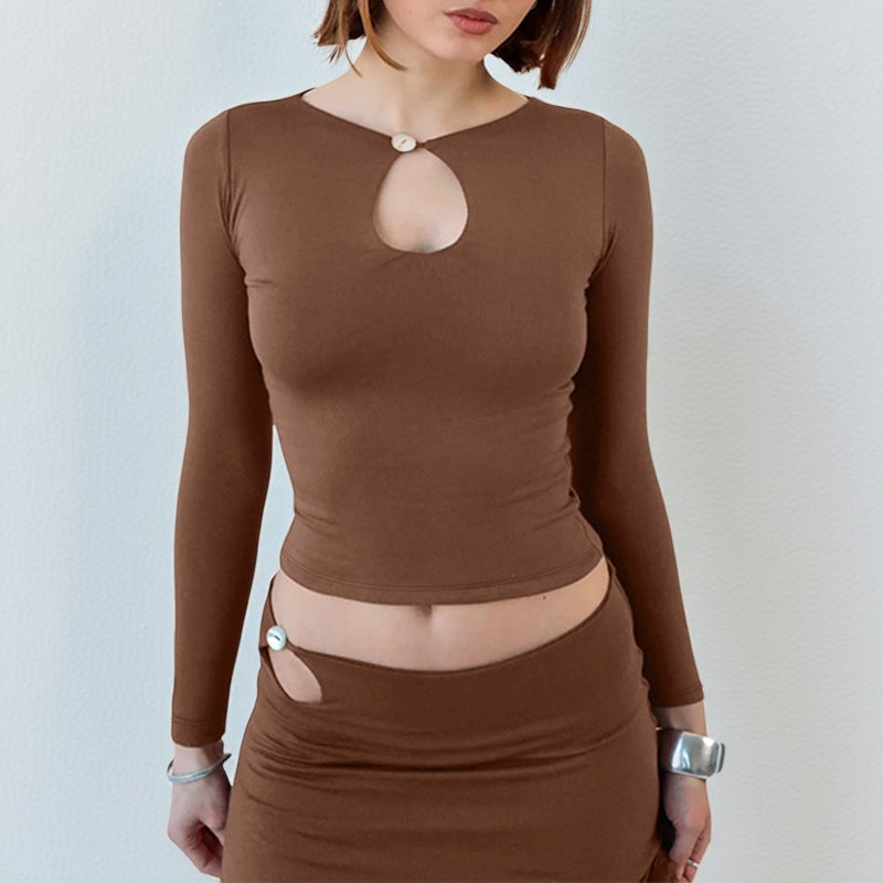 Brown Keyhole Metal Trim Detail Top