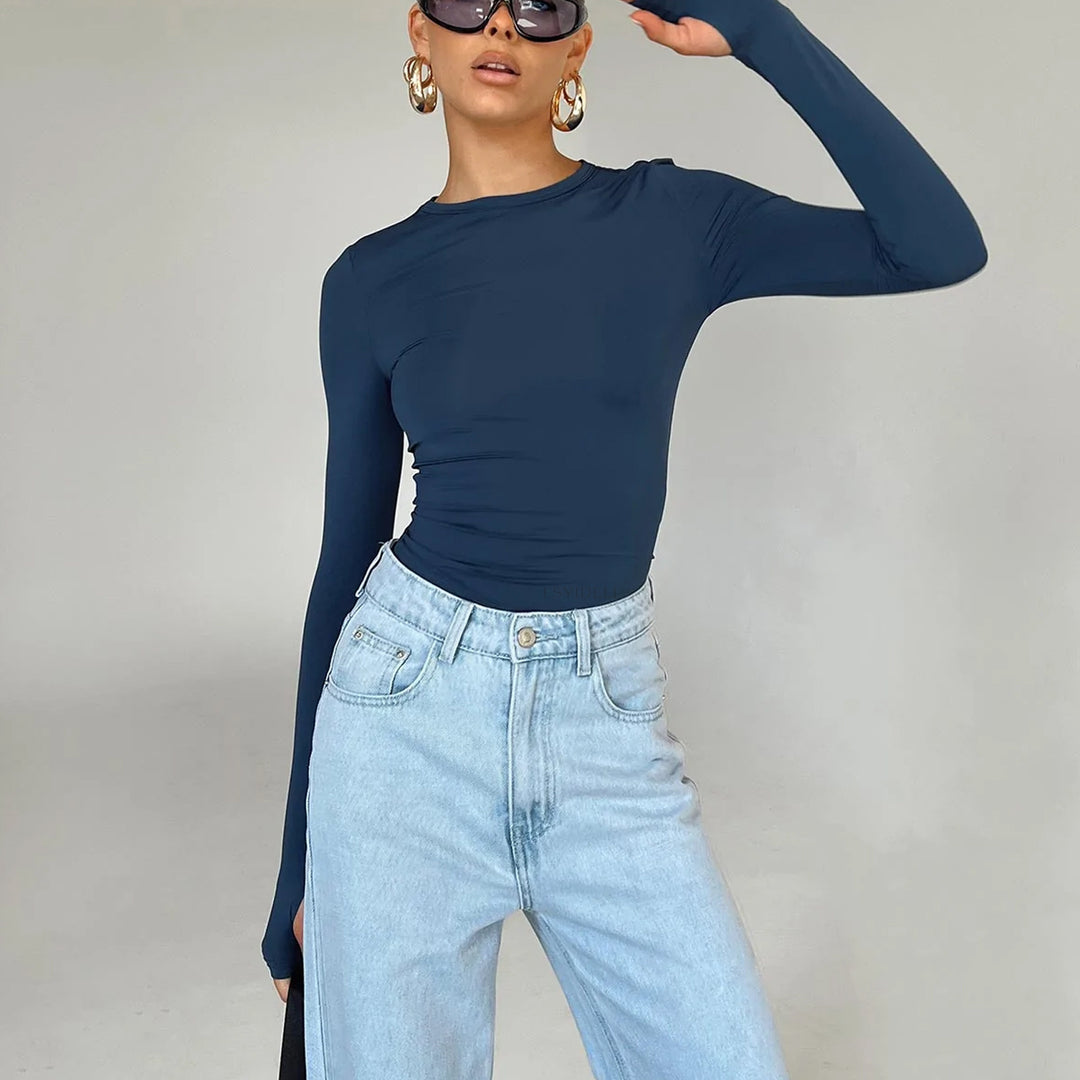 Blue Basic Solid Fitted Top