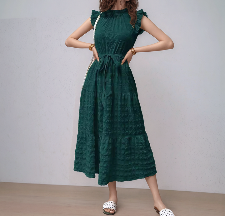 Dark Green Short Ruffle Sleeve Mock Neck Dress