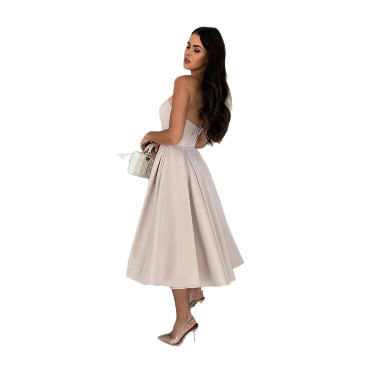 Beige Tube Solid Pleated Dress