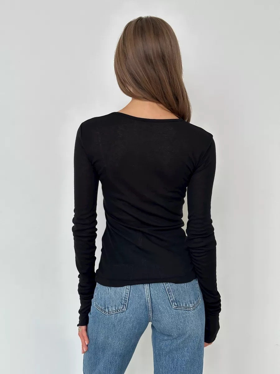 Black Ruched Bell Cuff Sleeved Top