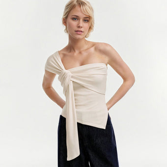 Cream One Shoulder Knot Front Sleeveless Top
