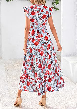 Light Blue Printed Flutter Sleeved Midi Dress