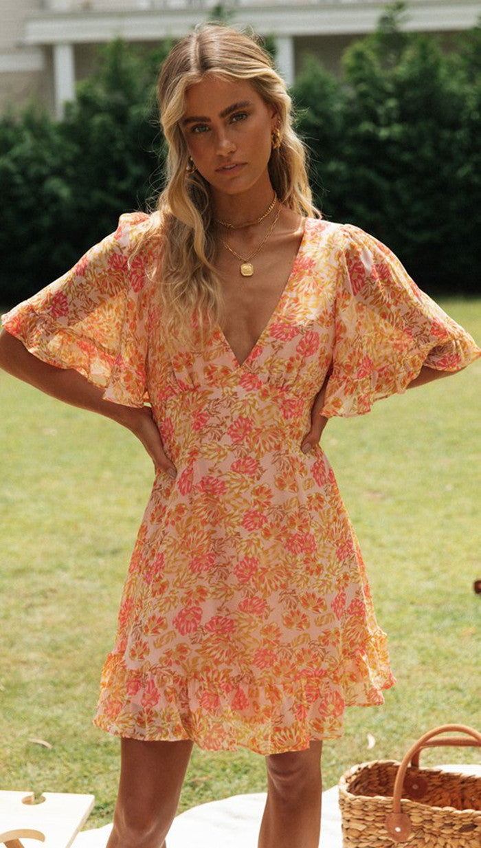 Orange Deep V Neck Printed Flutter Sleeves Dress