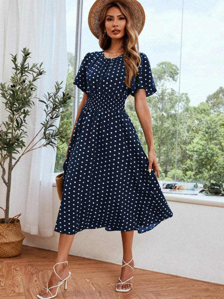 Navy Blue Printed Sinched Waist Dress