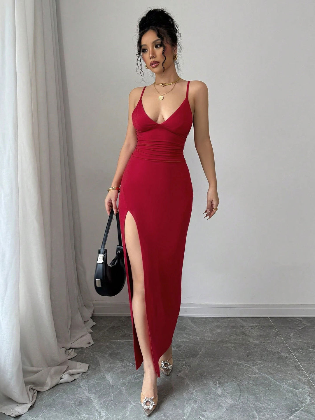 Red Shoulder Strap Slit Dress