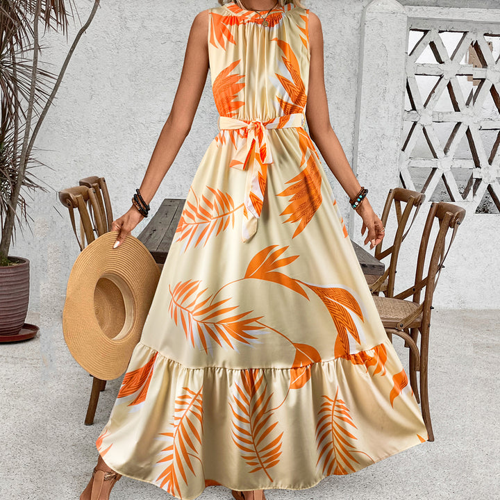 Orange Printed A Line Belt Tie Up Dress