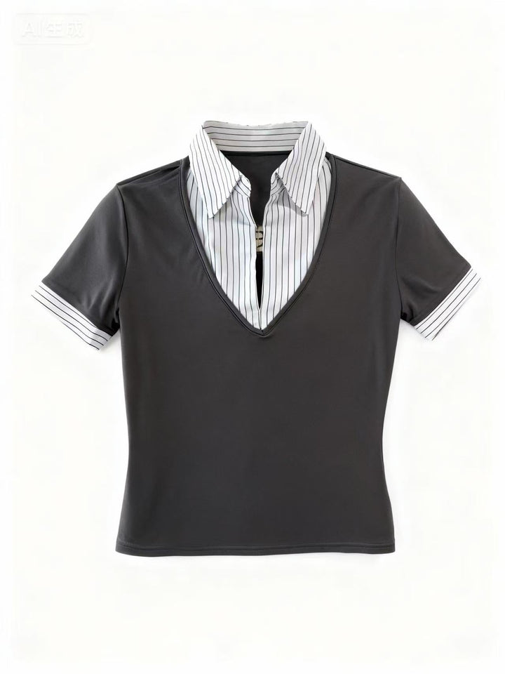 Off White Short Sleeve Contrast Collar Fitted Top