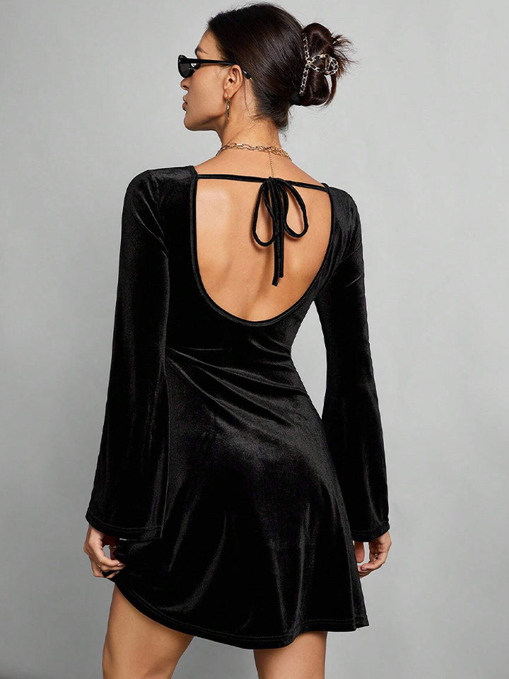 Black Back U Neck Tie Up Skater Dress