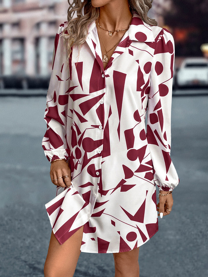 Red Bishop Sleeve Collared Neck Printed Dress