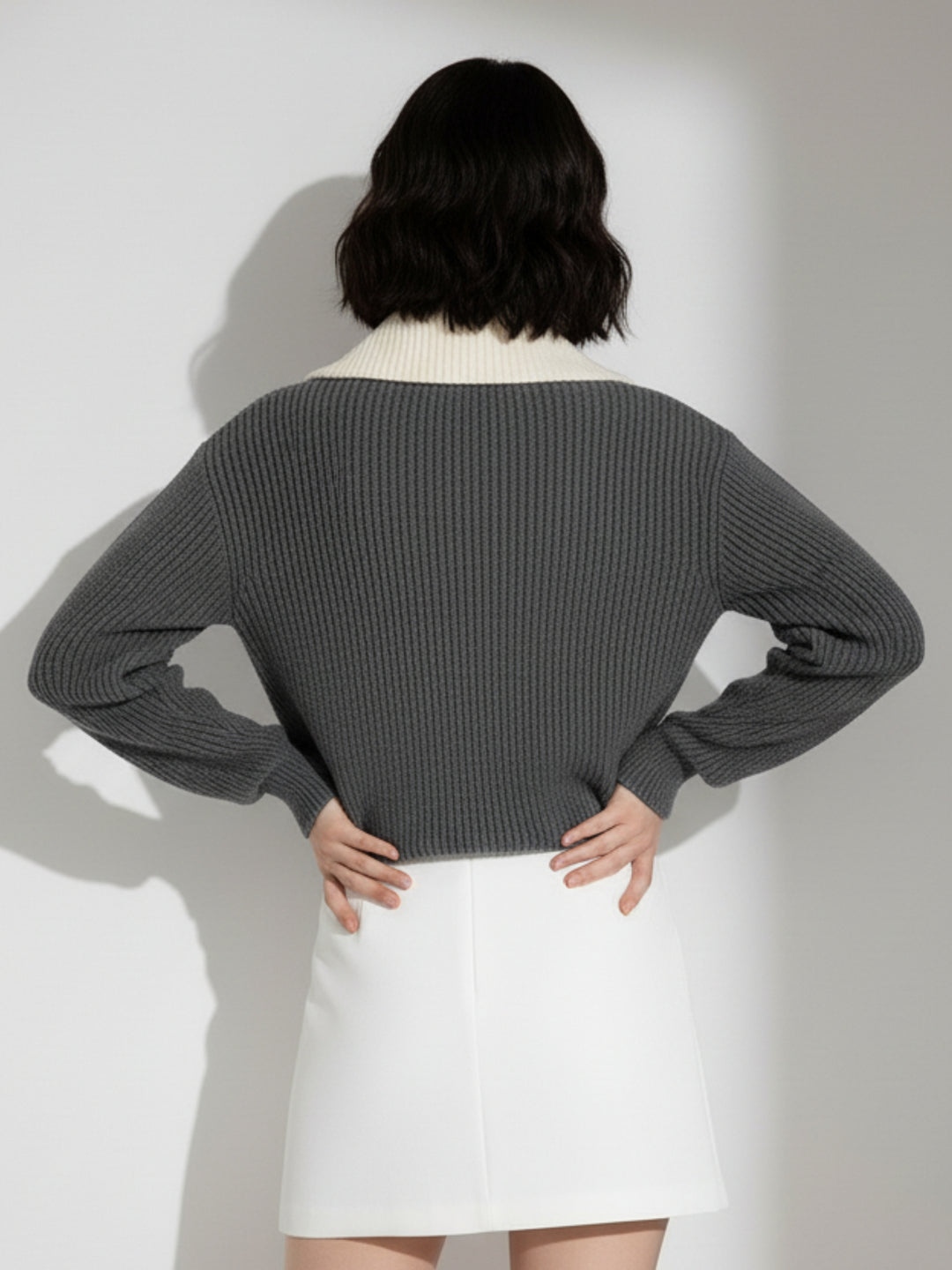 Grey Full Sleeve Contrast Collar Sweater