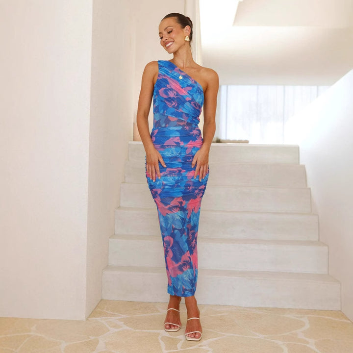 Blue One Shoulder Printed Ruched Dress