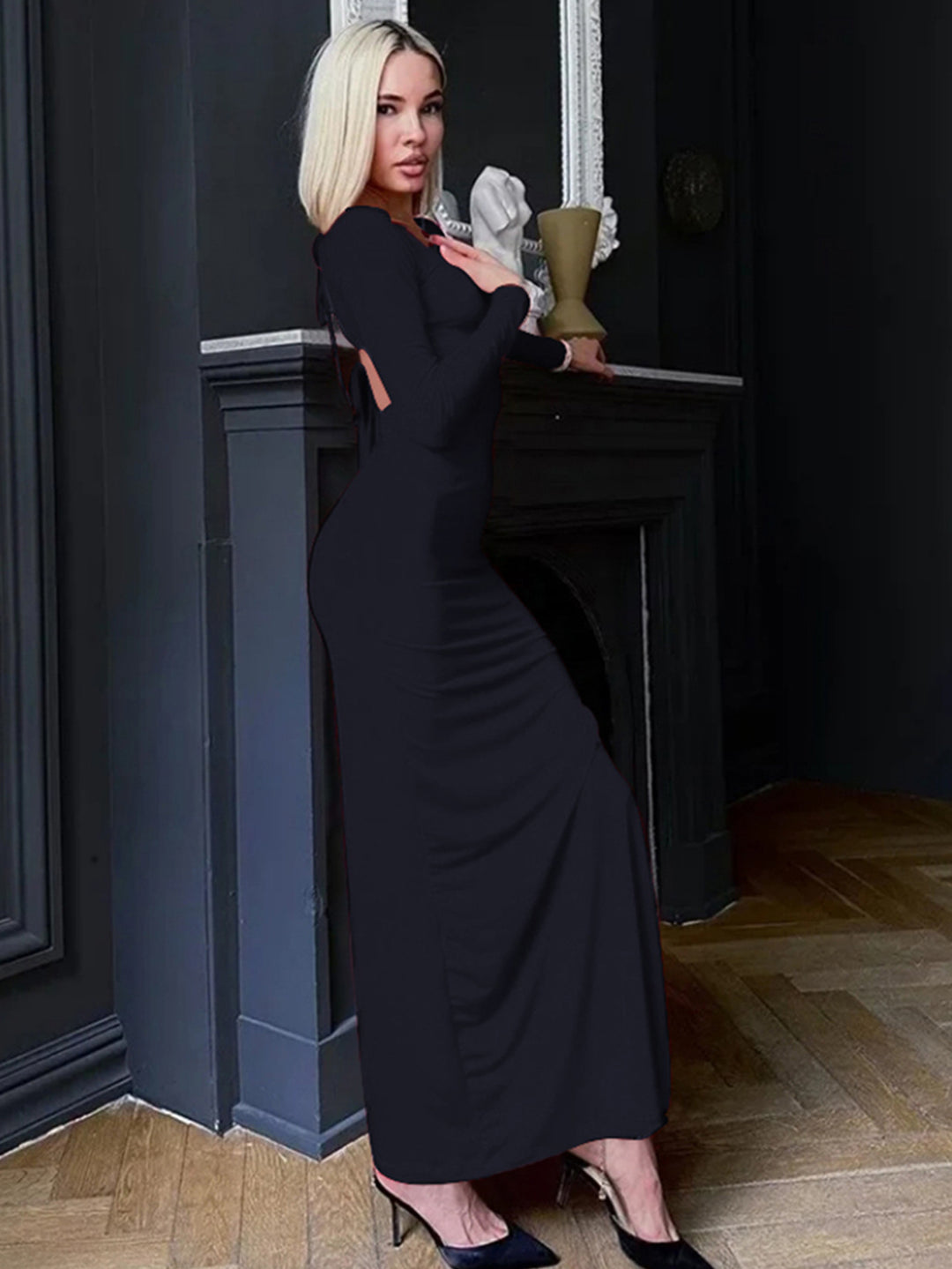 Black Full Sleeve Back Tie-Up Detail Dress