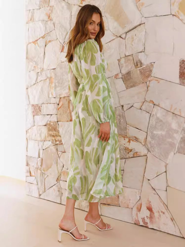 Green Plunge Neck Printed Midi Dress