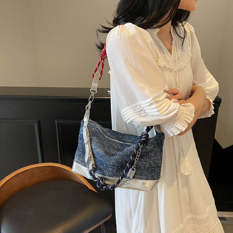 Navy Blue Twisted Strap Denim Tote Bag