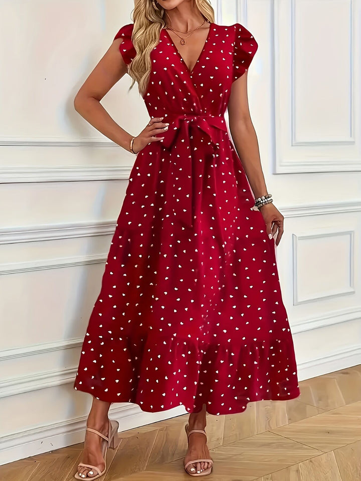 Red Wrap Tiered Flared Dress