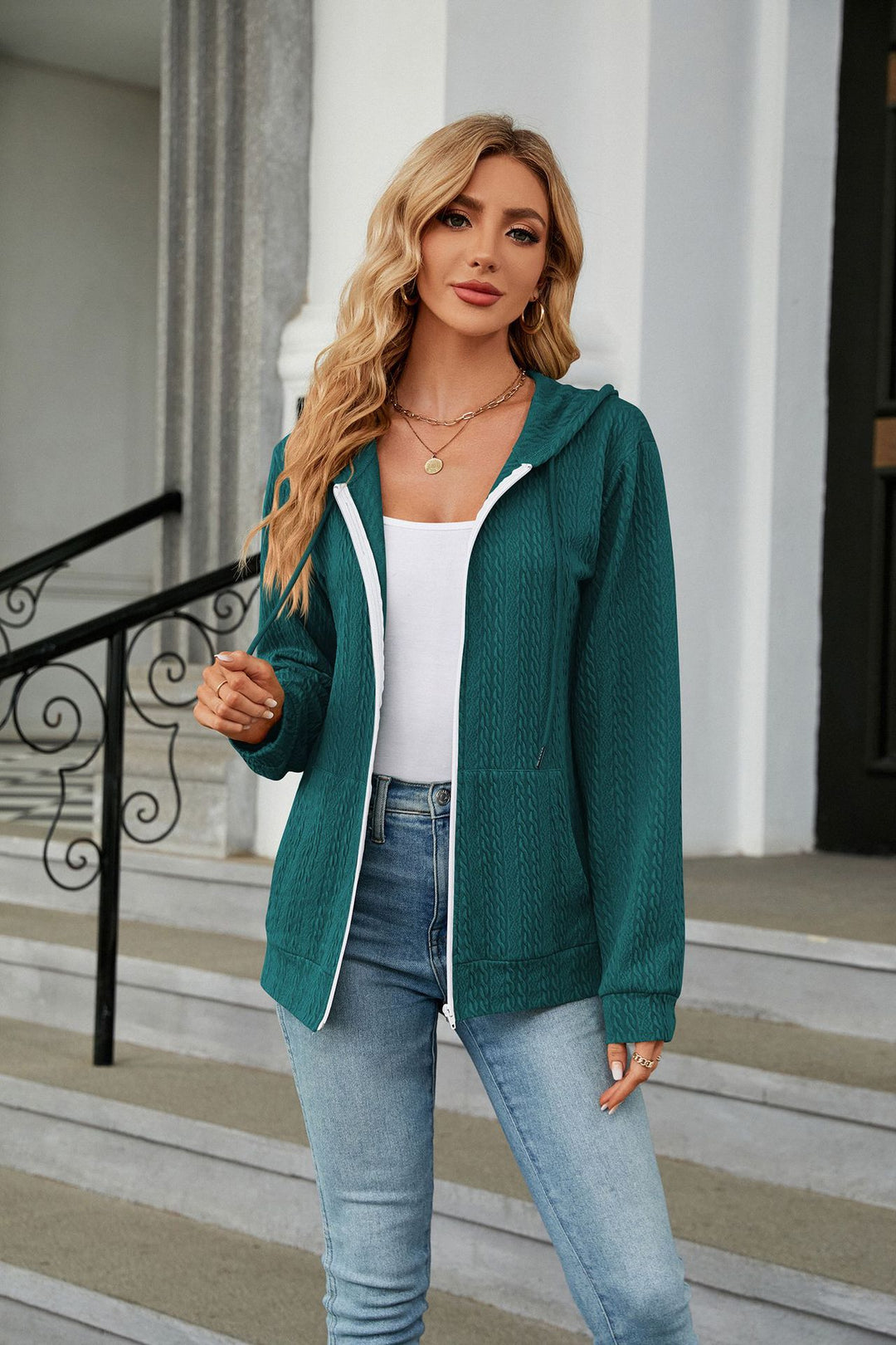 Dark Green Full Sleeves Front Zip Hooded Jackets