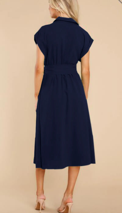 Navy Blue Button Down Tie Up Dress