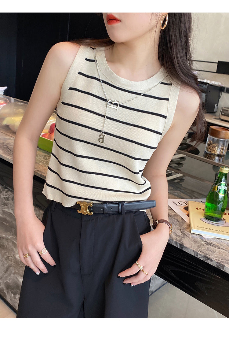 Off White Sleeveless Basic Striped Tank Top