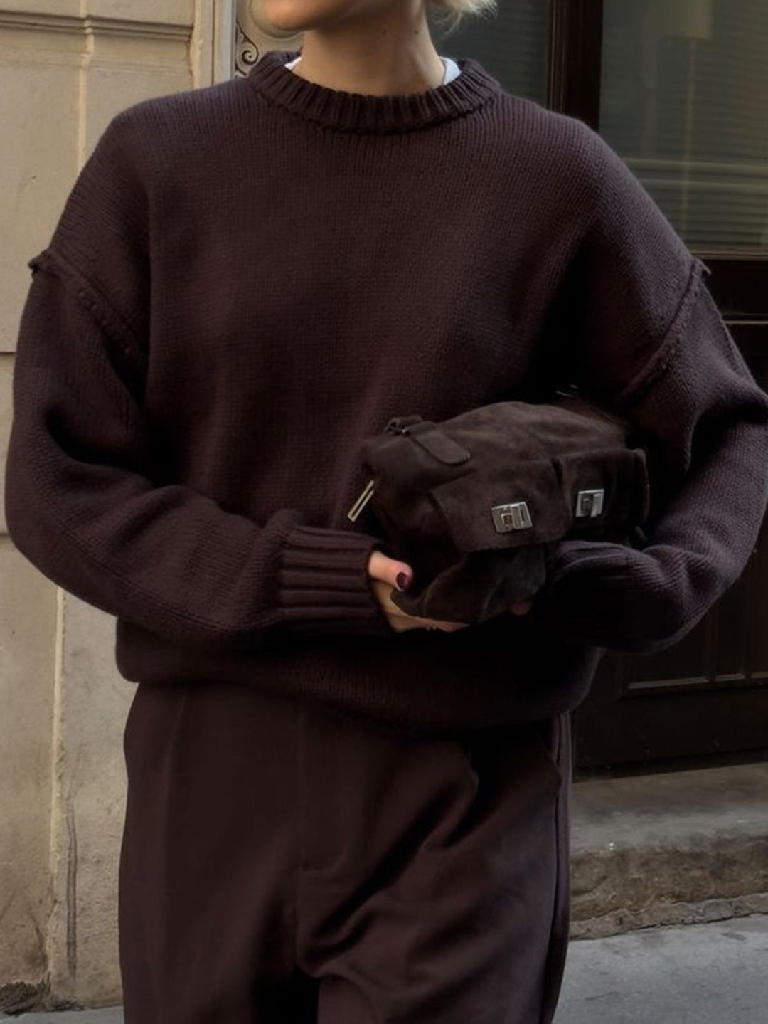Brown Full Sleeve Crew Neck Relaxed Sweatshirt