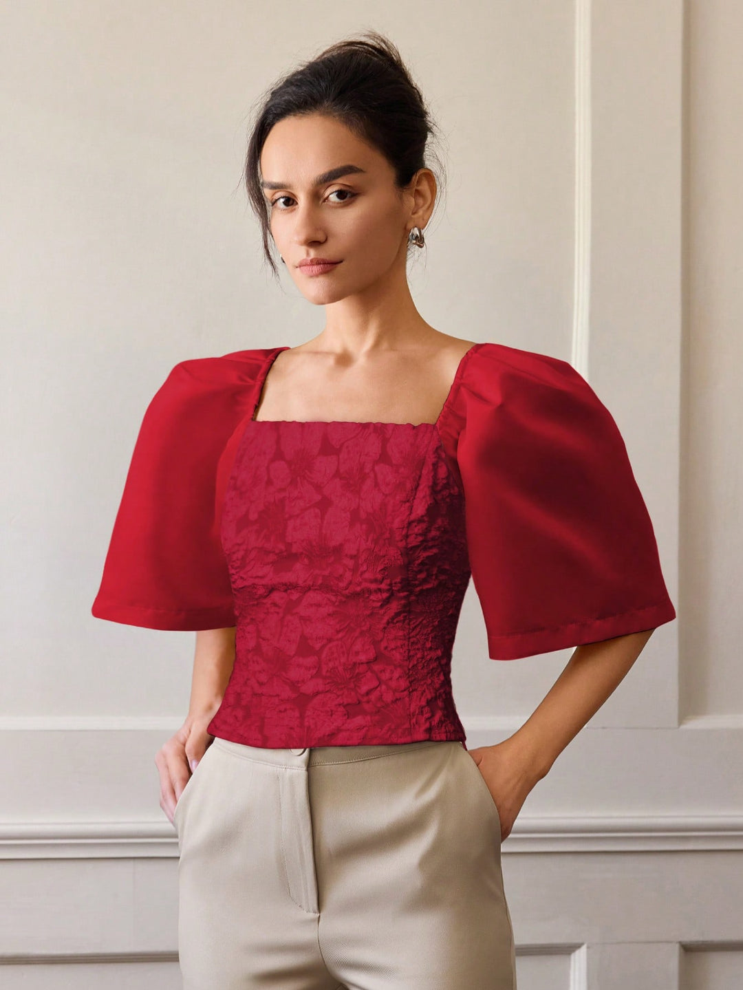 Red Floral Textured Fitted Top
