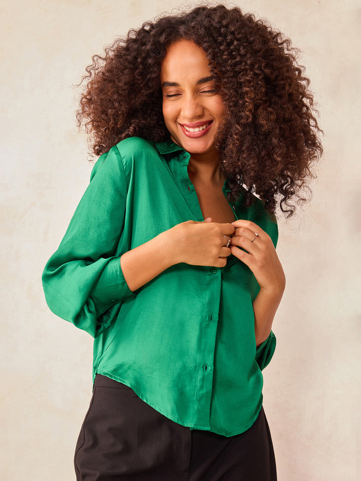 Green Relaxed Fit Satin Shirt