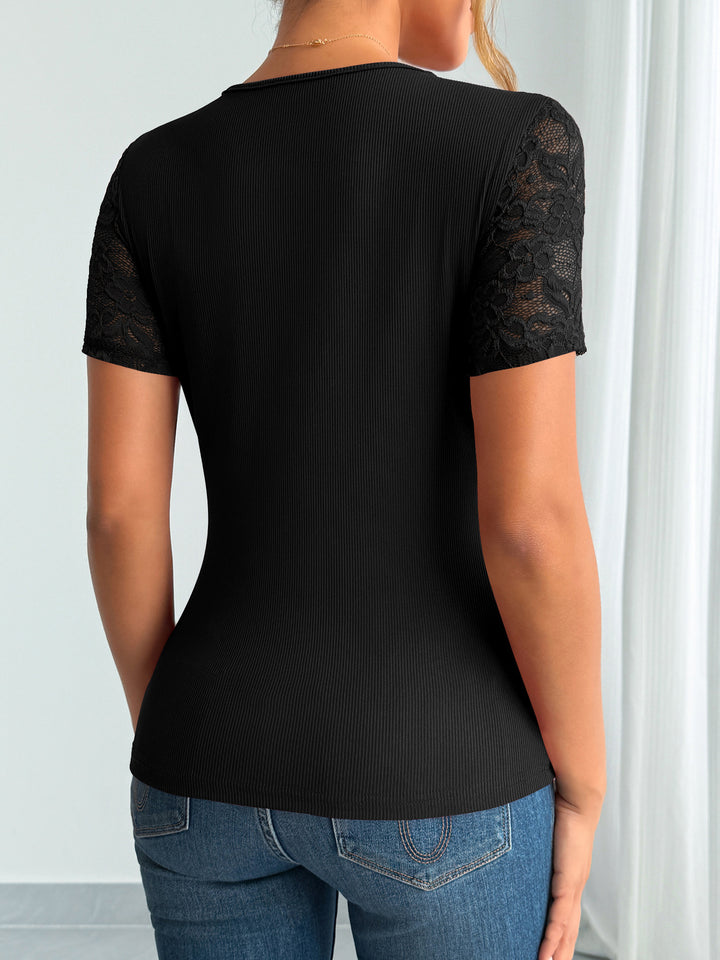 Black Short Sleeve Scallop Neckline Top