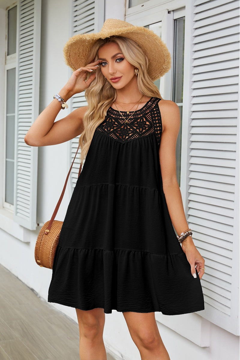 Black Lace Inserts Tiered Mini Dress