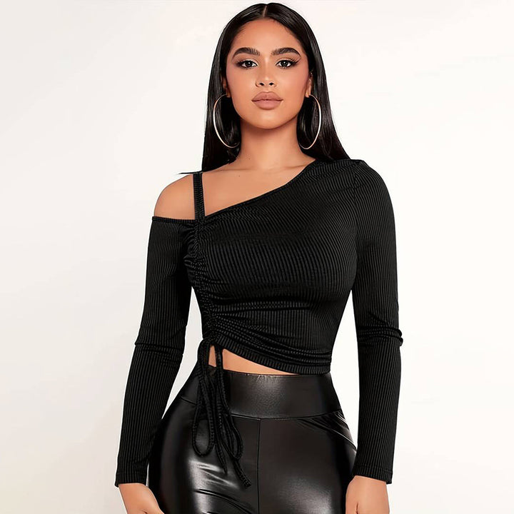 Black One Shoulder Ruched Top