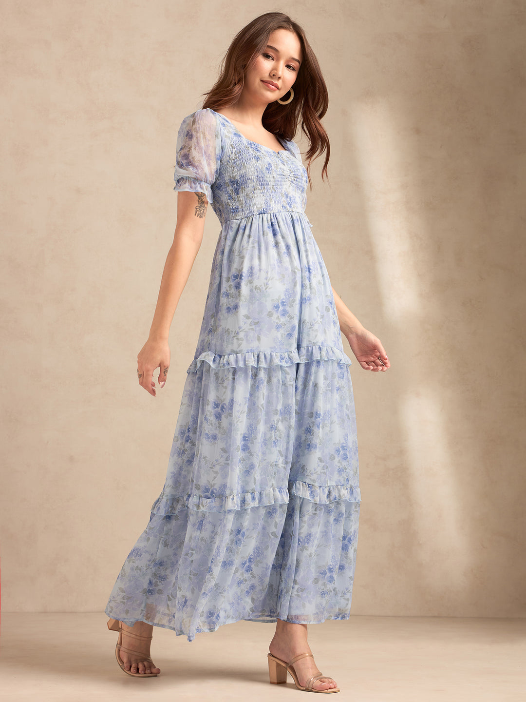 Blue Floral Printed Maxi Dress