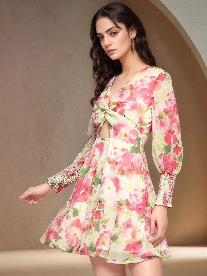 Multi Full Sleeve Floral Printed V Neck Waist Cut-Out Dress
