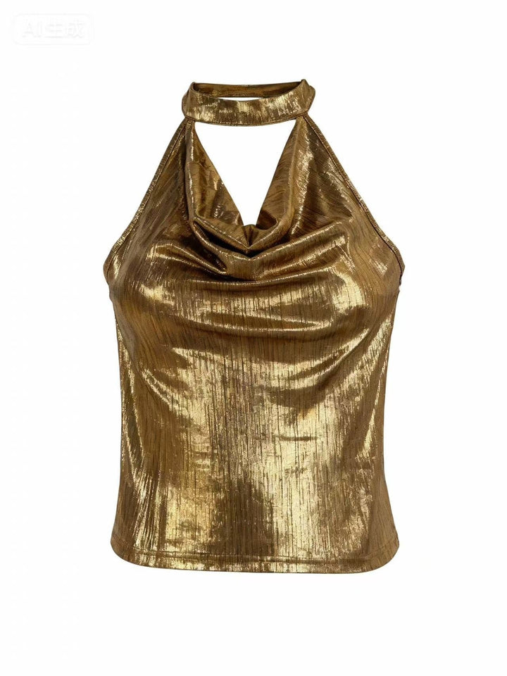 Gold Halter Neck Neck Detail Top