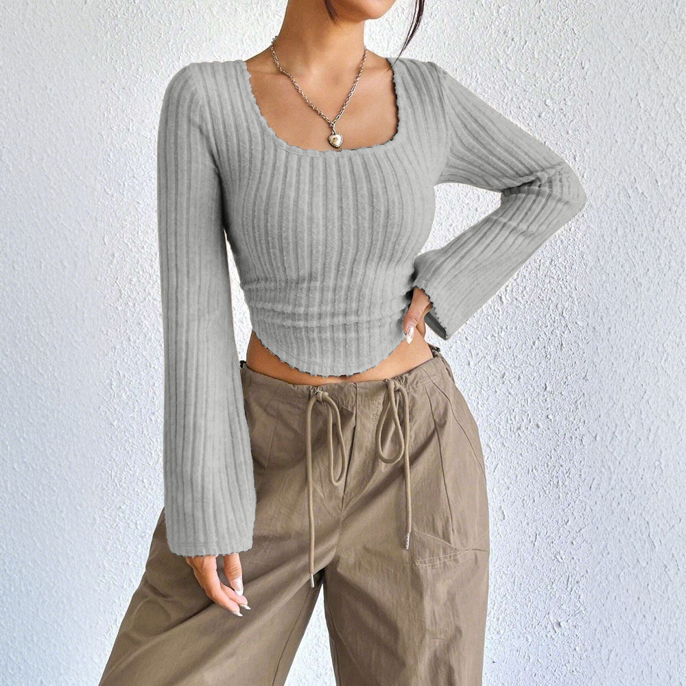 Grey Bell Sleeve U-Hem  Top