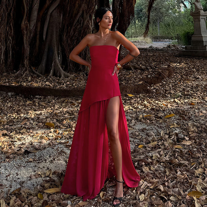 Red  Off Shoulder With Flare At Bottom Maxi Dress
