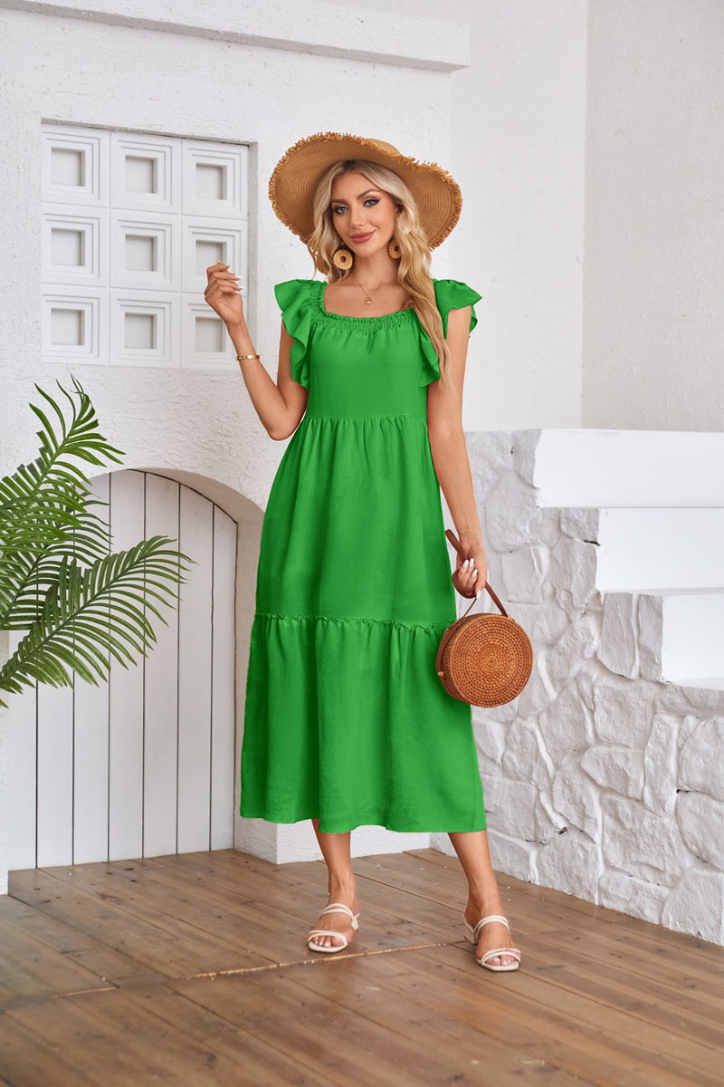Green Solid Flutter Sleeved Empire Waist Smocked Dress