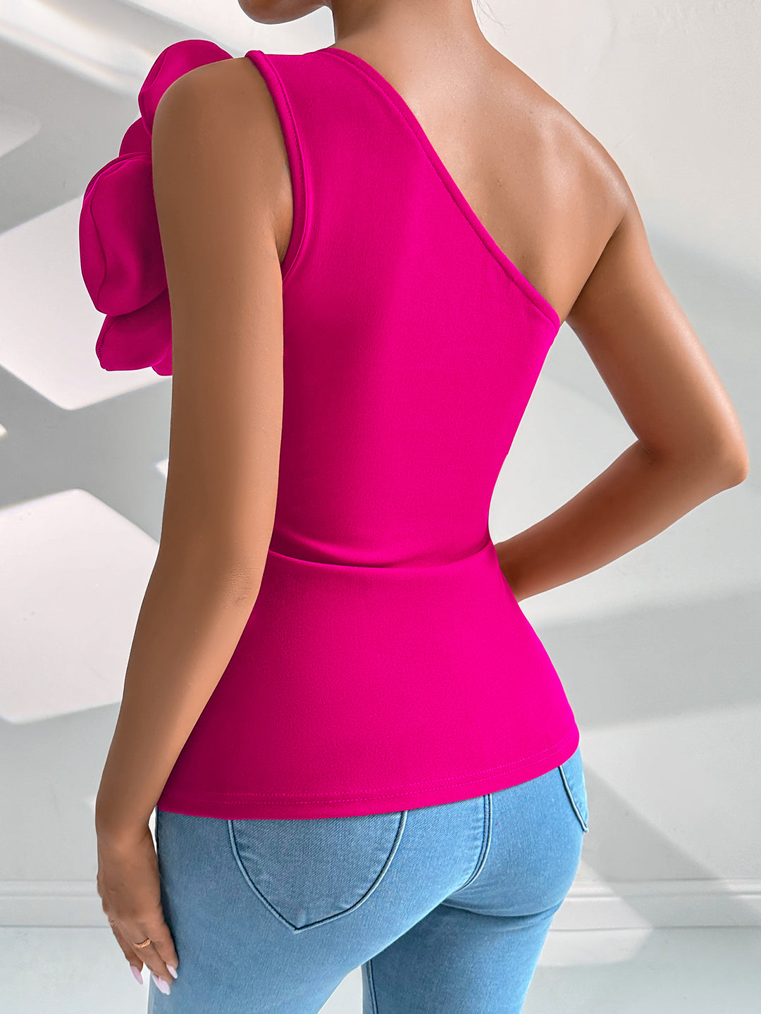 Pink One Shoulder Flower Attached Top