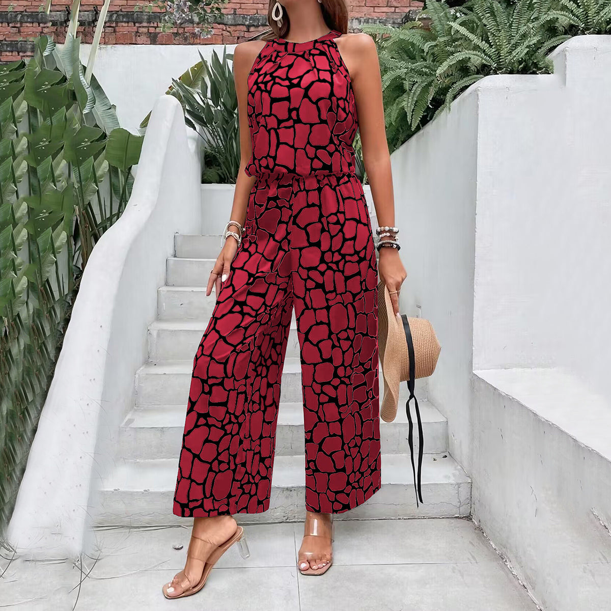 Red Printed Sleeveless Jumpsuit