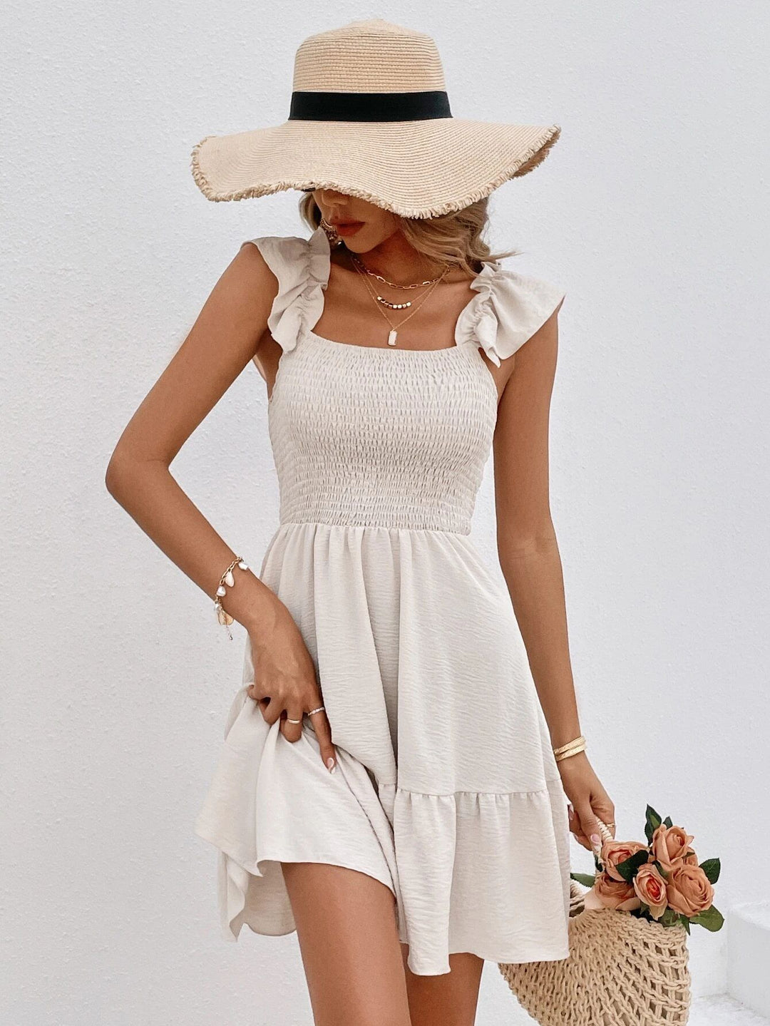 Khaki Smocking Ruffle Skater Dress