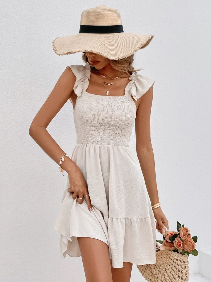 Khaki Smocking Ruffle Skater Dress