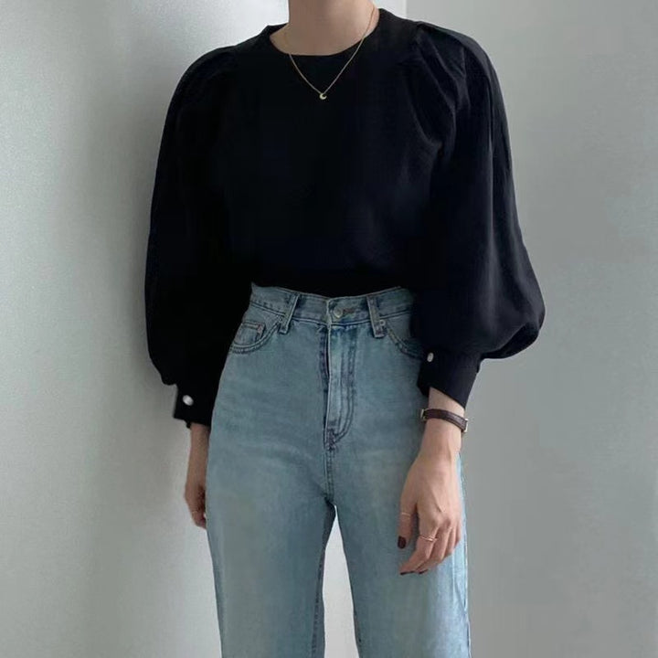 Black Puff Sleeves Side Pleated Detail Top
