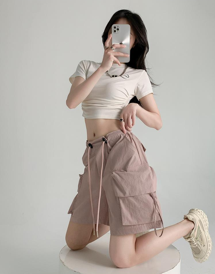 Pink Relaxed Fit Drawstring Cargo Shorts
