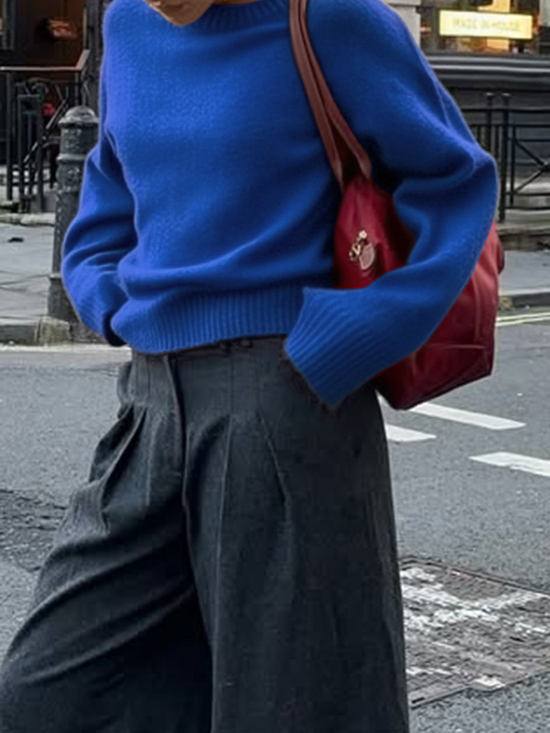 Blue Relaxed Casual Knit Sweater With Drop Shoulder