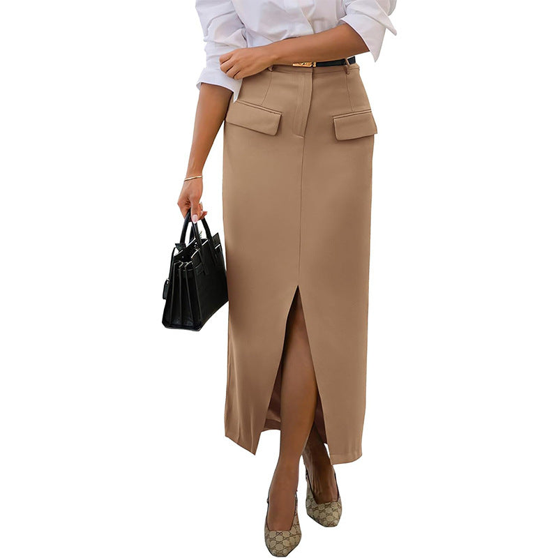 Khaki Front Pocket With Pocket Midi Skirt