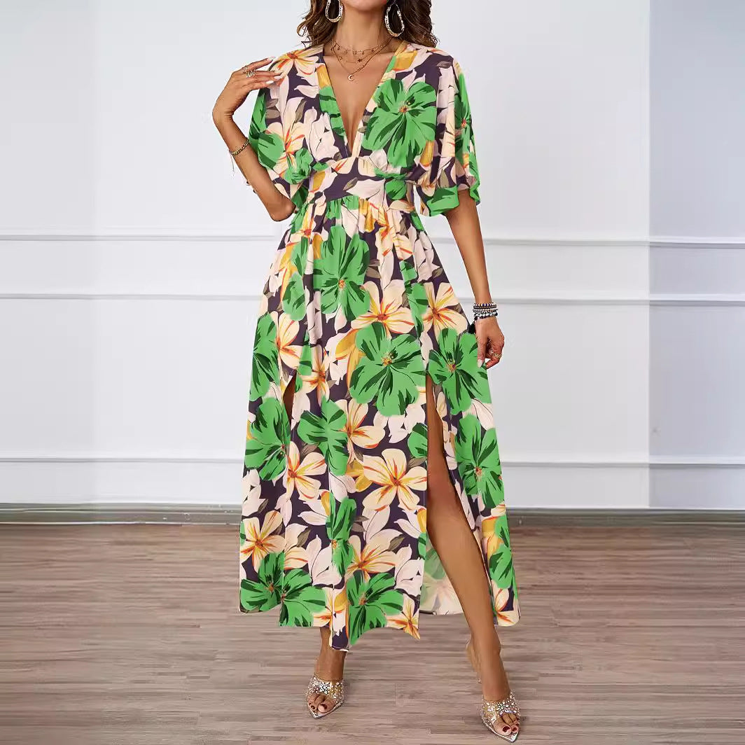 Green Printed Plunge Neck Slit Dress