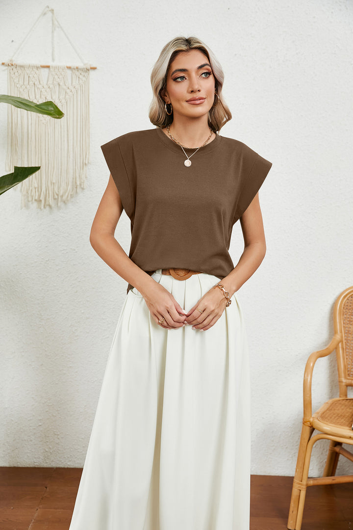 Brown Short Sleeves Round Neck Top