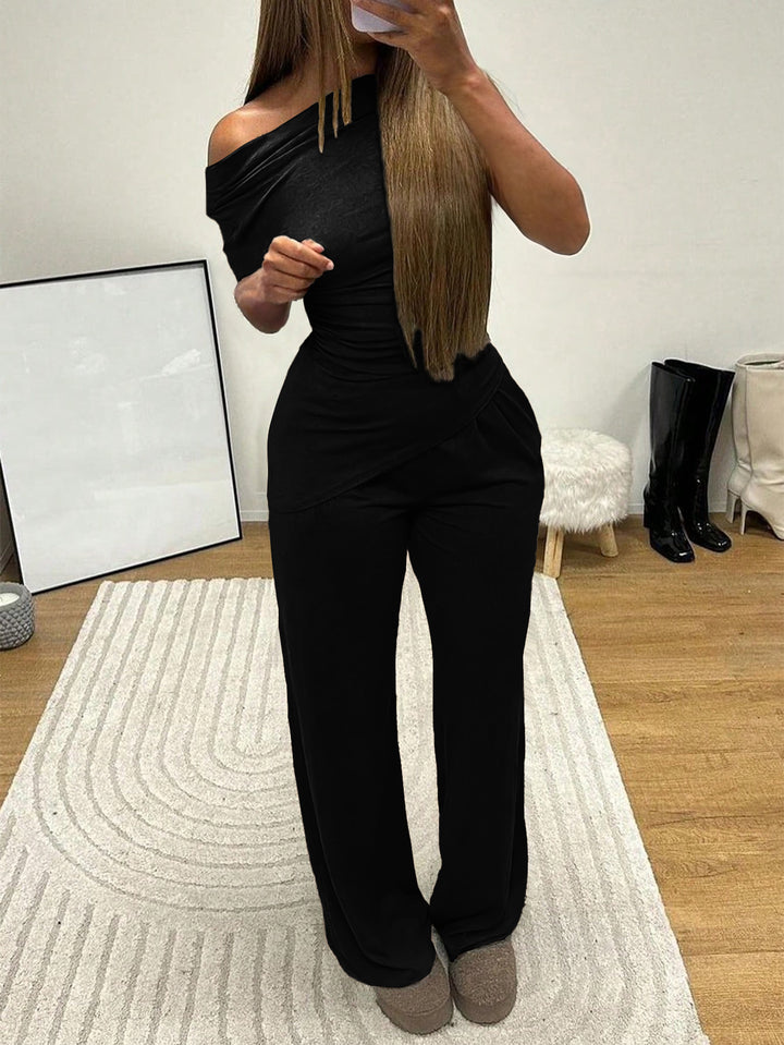Black Off-Shoulder Top And Pant Co-Ord Set