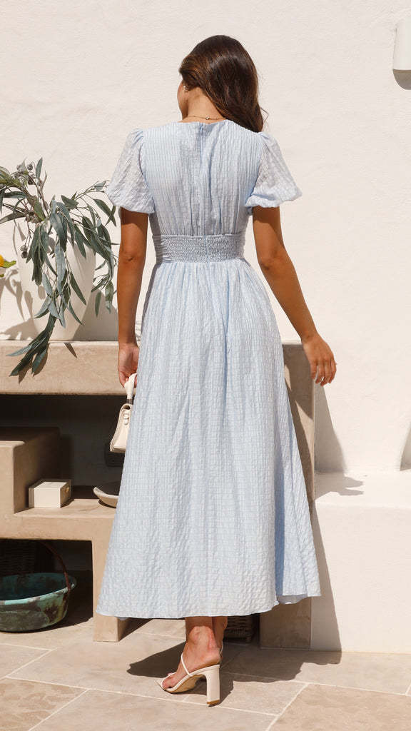 Blue Plunge Neck Cinched Waist Dress
